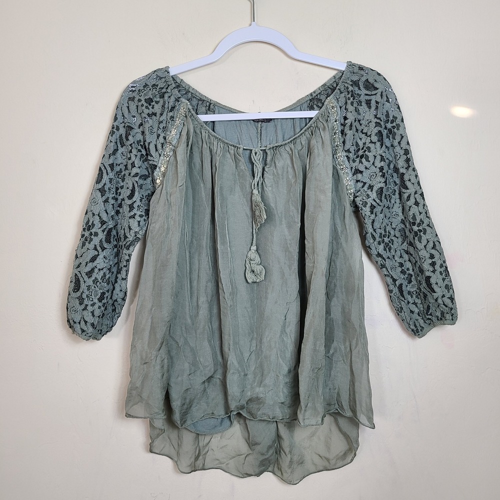 LOLA Silk Jade Green Lace Womens M Top Sequin Earth‎ Fairy Grunge Ethereal